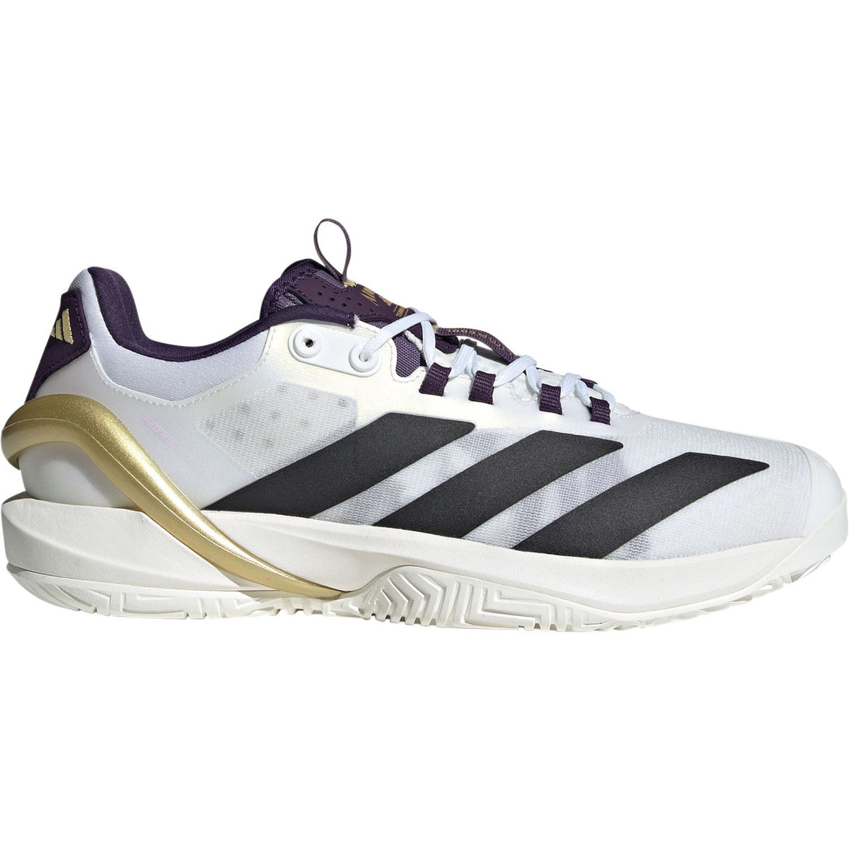 Adidas Adizero Cybersonic 2 M NM i vitt med svarta ränder och guldfärgat chassi, sidovy