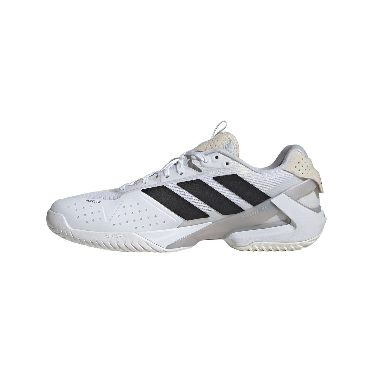 Intérieur de l’Adidas Adizero Ubersonic 5 M blanche avec des détails argent métallisé