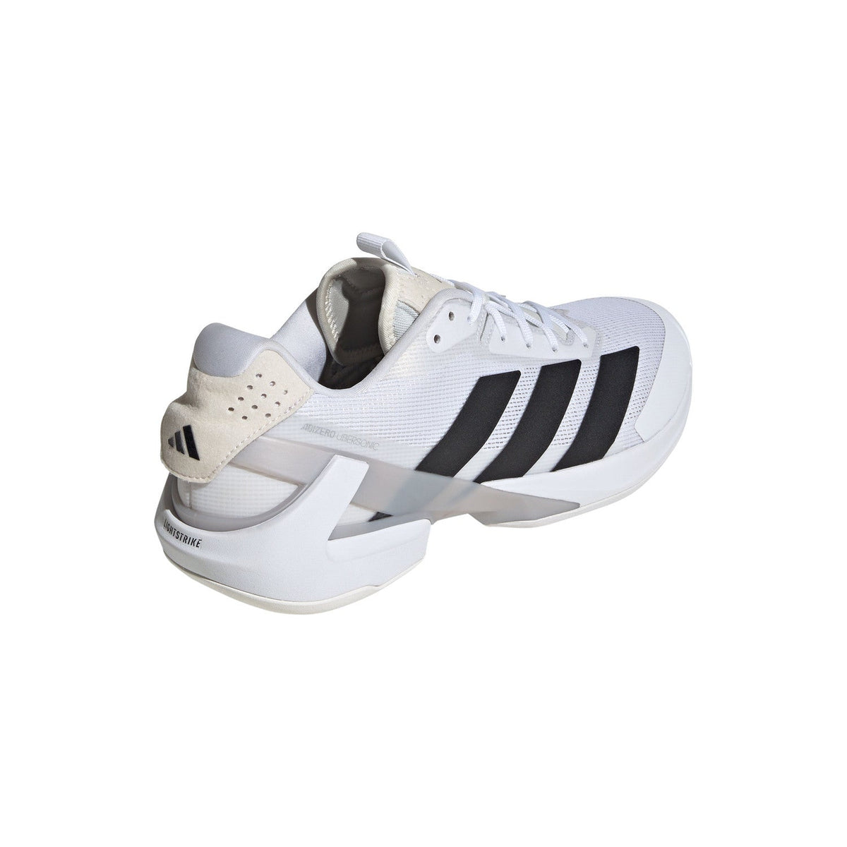 Vue de dessus de l’Adidas Adizero Ubersonic 5 M blanche avec des lacets blancs