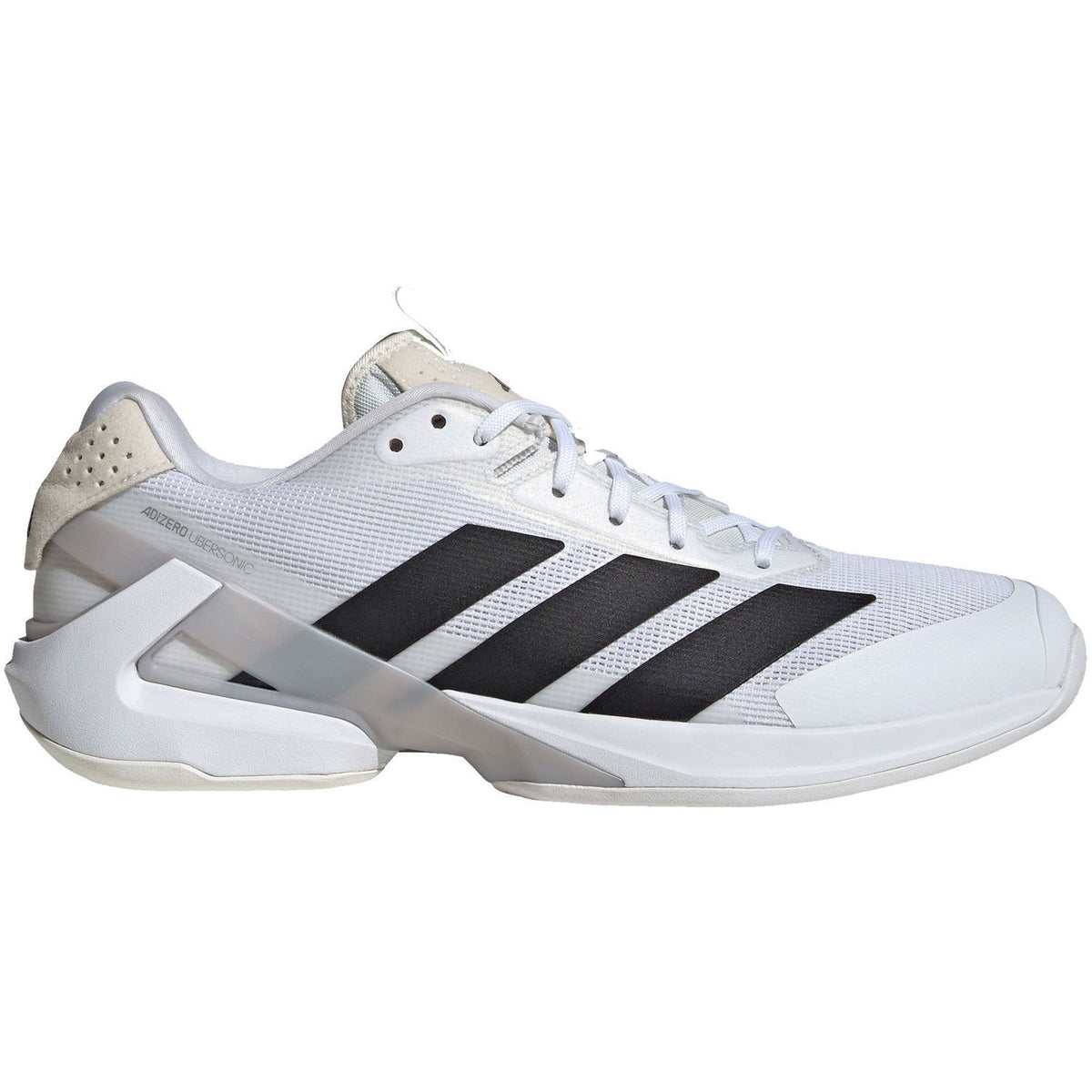 Adidas Adizero Ubersonic 5 M în alb cu dungi negre, vedere laterală