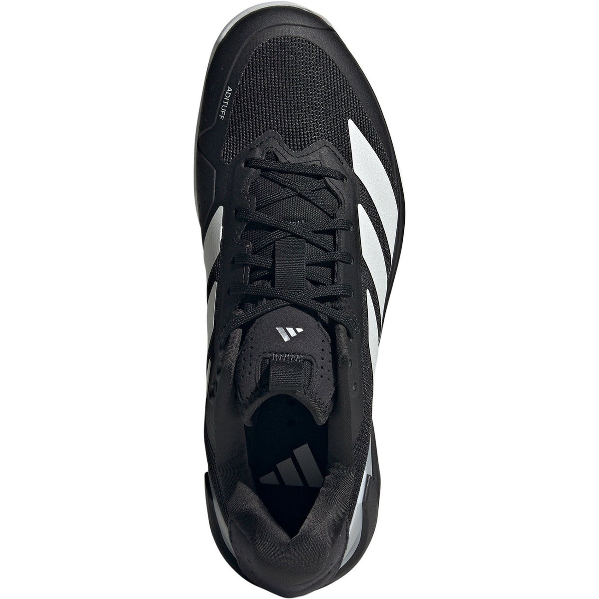 Ovanifrån sett på den svarta Adidas Adizero Ubersonic 5 M med svarta skosnören