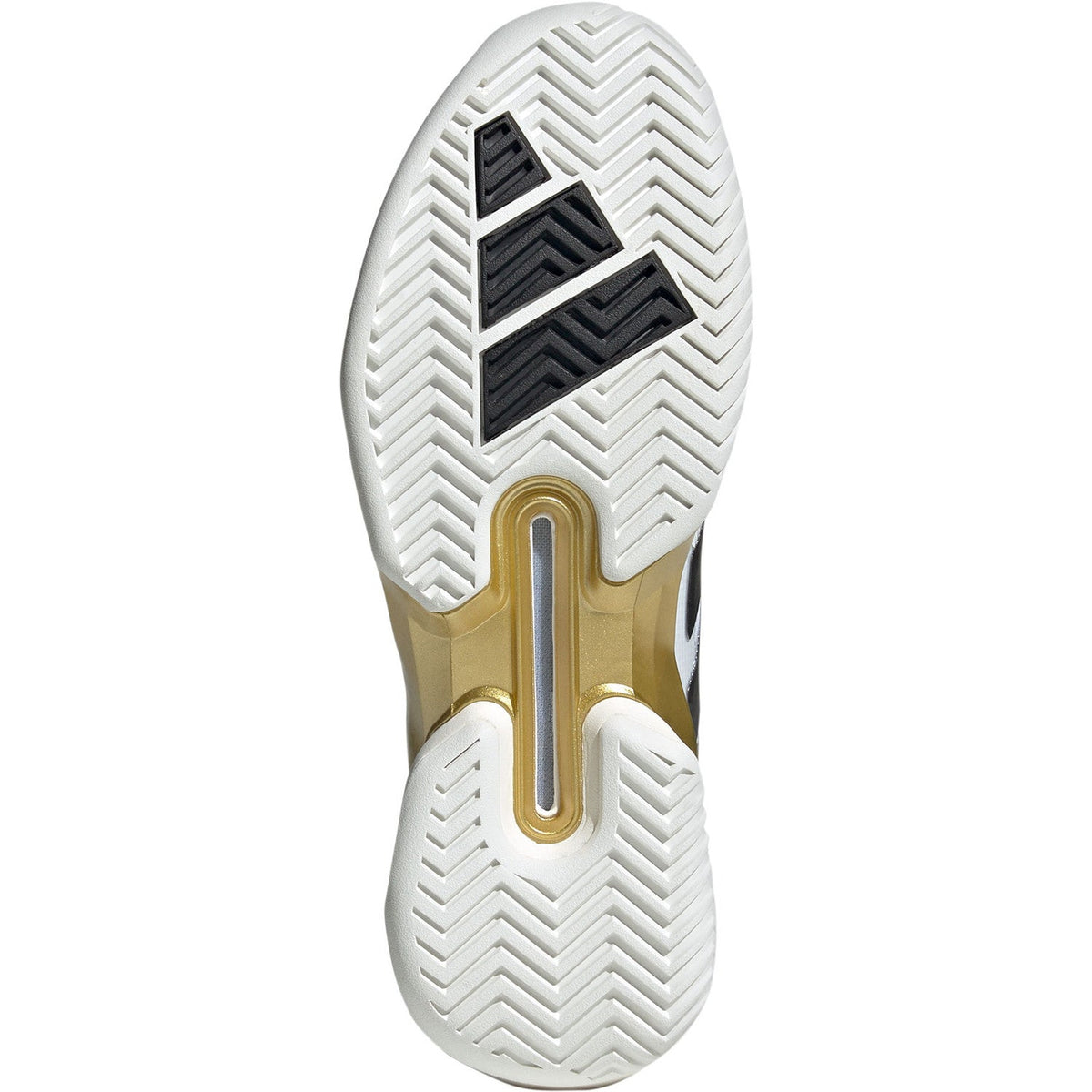 Vit Adiwear-sula på Adidas Adizero Ubersonic 5 M NM med fiskbensmönster och guldfärgad mittfotsbåge