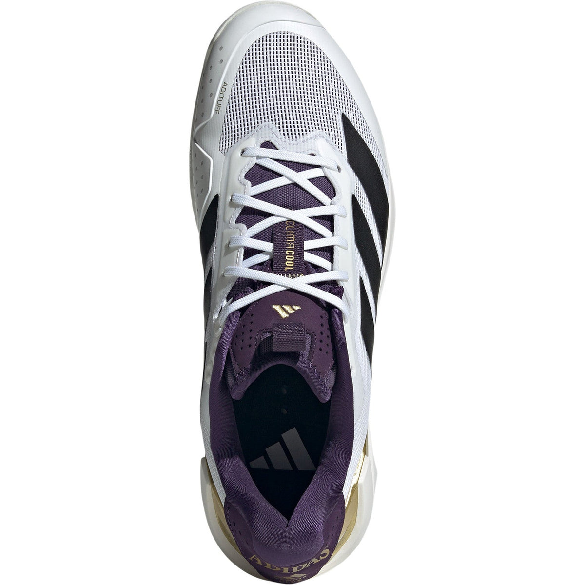 Ovanifrån sett på Adidas Adizero Ubersonic 5 M NM med vita skosnören och mörklila tunga
