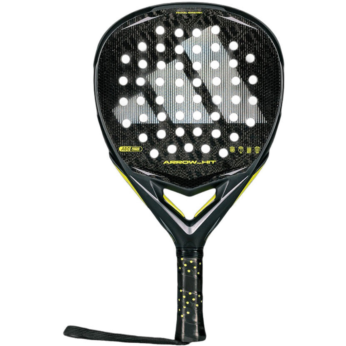 Adidas Arrow Hit 2026 padelracket in zwart met limegroen, vooraanzicht met polsband