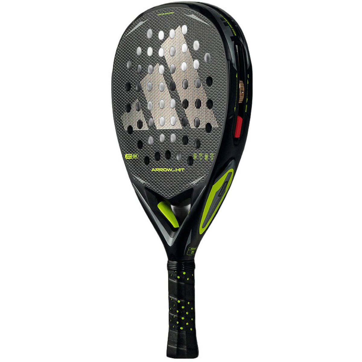 Adidas Arrow Hit 2026 padelracket schuin achteraanzicht met limegroene grip