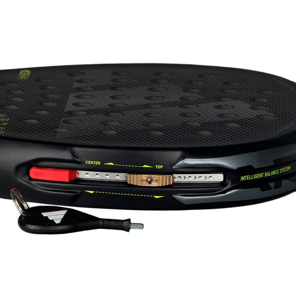 Adidas Arrow Hit 2026 padelracket liggend met Intelligent Balance System-gewichtje