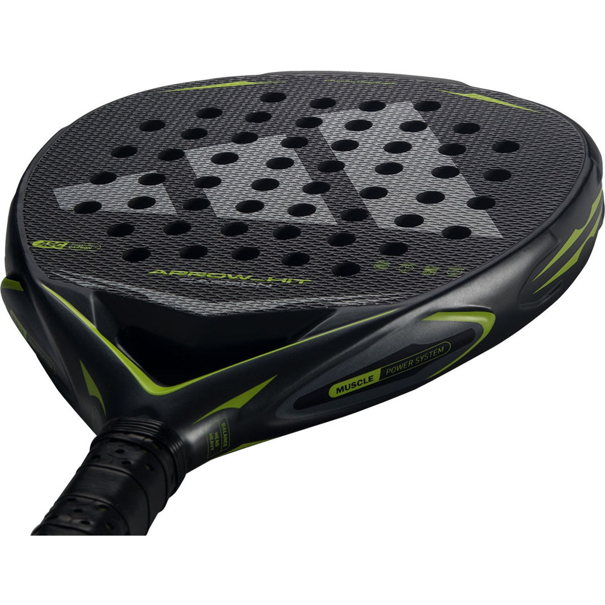 Adidas Arrow Hit Carbon 2026 padelracket schuin liggend met limegroene framerand