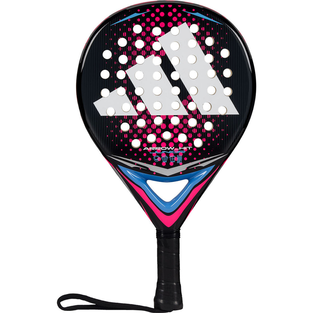 Adidas Arrow Hit Jr 2026 junior padelracket in zwart met roze en blauw, vooraanzicht