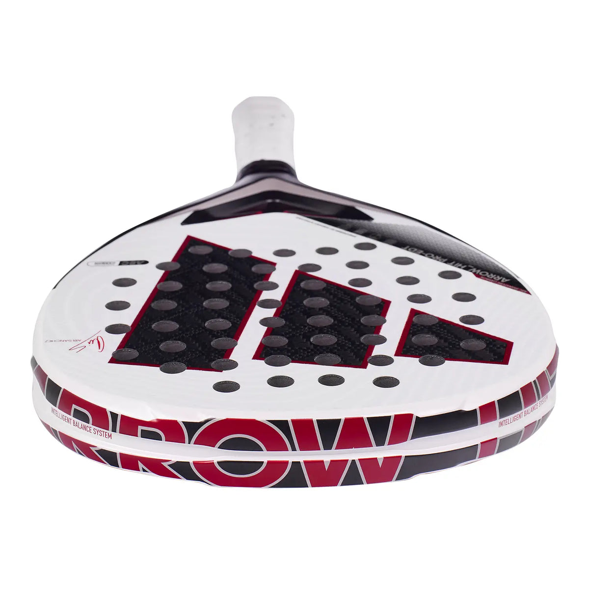 Bovenaanzicht van het Adidas Arrow Hit Pro EDT 2026 met rode Arrow-opdruk op de framerand
