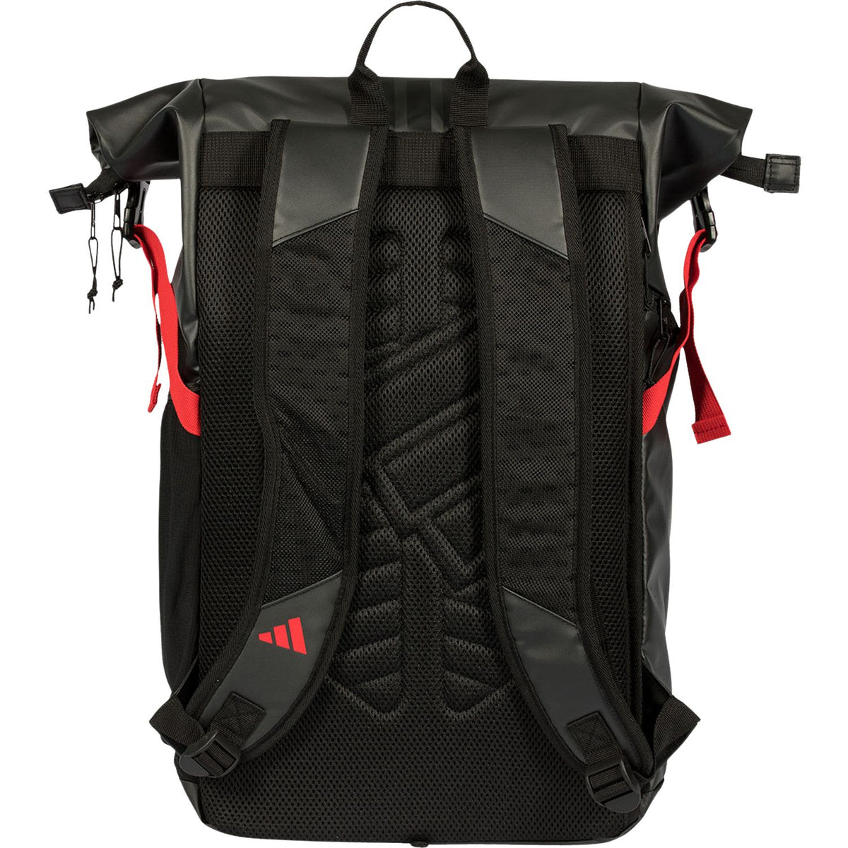 Achterkant van de zwart-rode Adidas Backpack Multigame 2026 met gevoerde schouderbanden