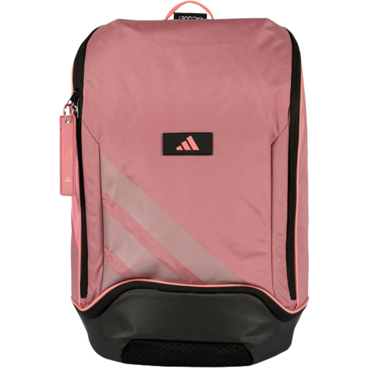 Vooraanzicht van de roze Adidas Backpack Protour 2026 met zilveren streep en zwarte bodem.