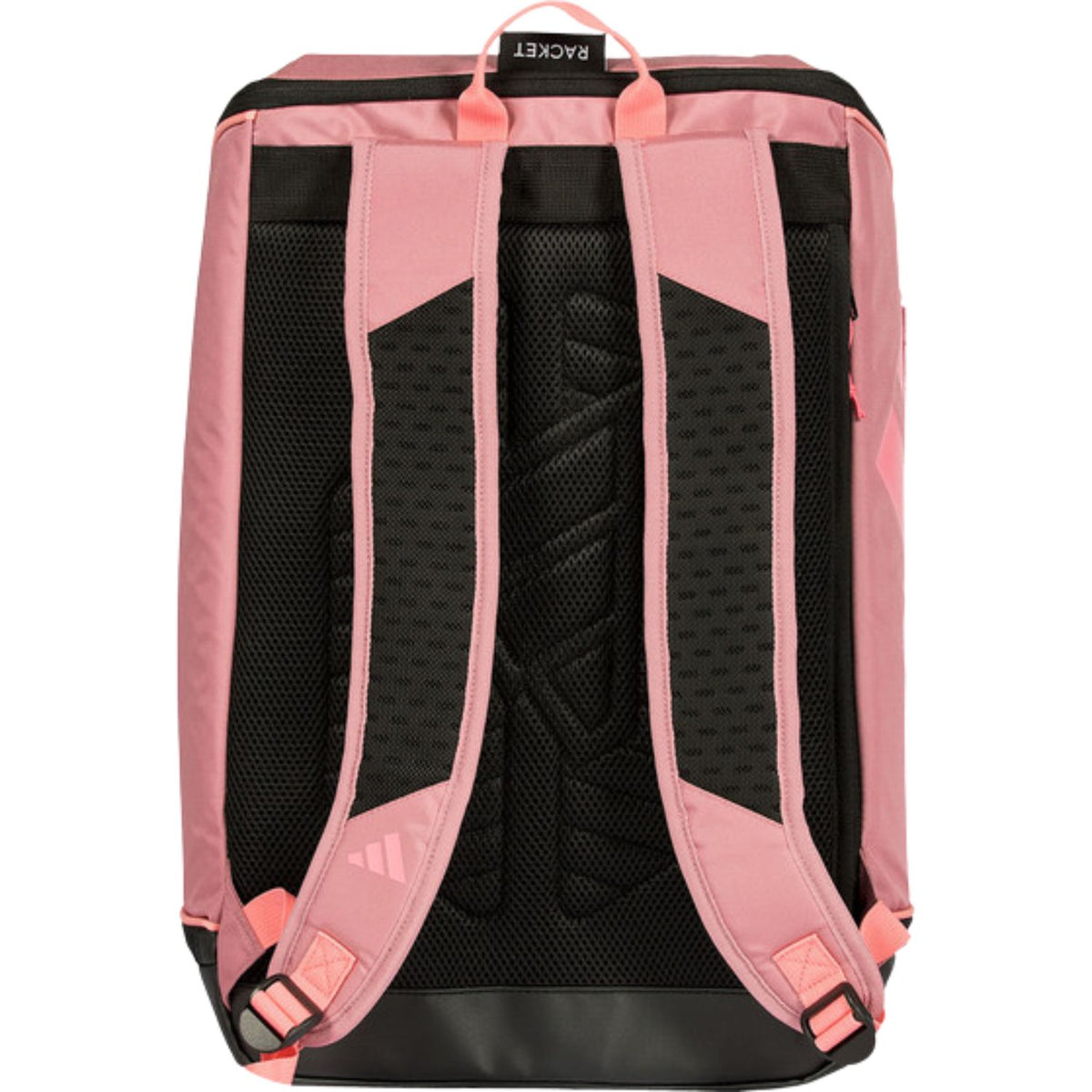 Achterzijde van de roze Adidas Protour 2026 met zwarte rugpanelen en roze draagbanden.