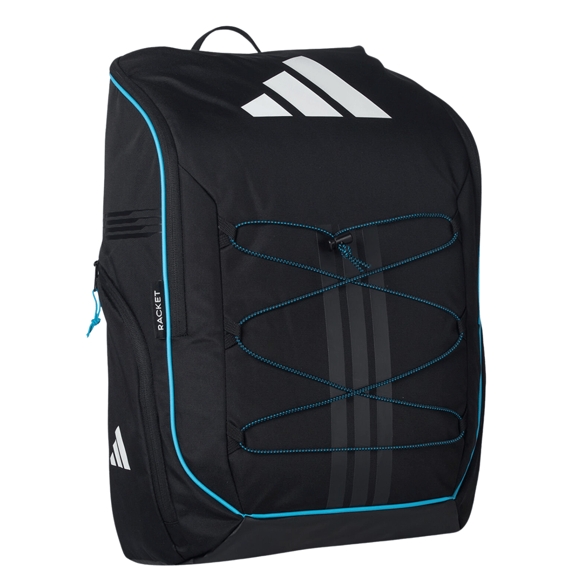 Schräge Vorderansicht des schwarzen Adidas Protour 3.4-Rucksacks mit türkisfarbenen Nähten.