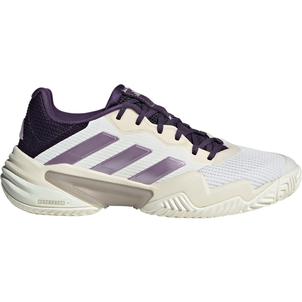 Adidas Barricade 13 W NM in bianco sporco con strisce color malva e colletto viola scuro, vista laterale