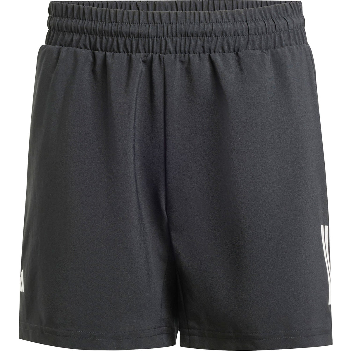Vooraanzicht van de zwarte Adidas Boys Club 3-Stripe Shorts met witte strepen op de rechterpijp