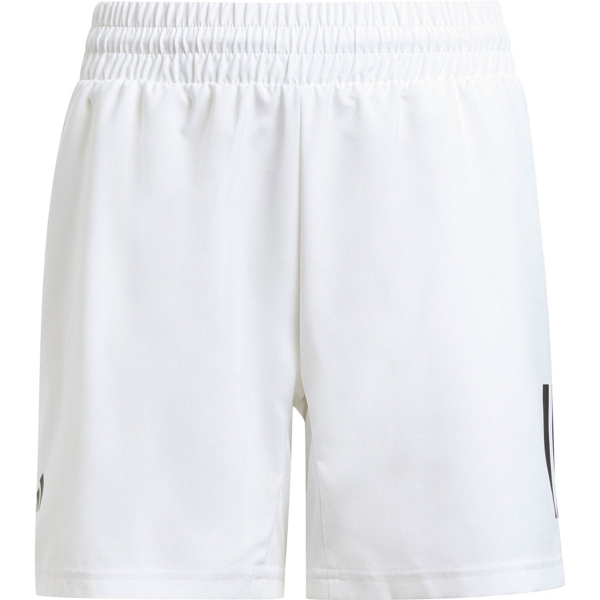 Vooraanzicht van de witte Adidas Boys Club 3-Stripe Shorts met zwarte strepen op de pijp