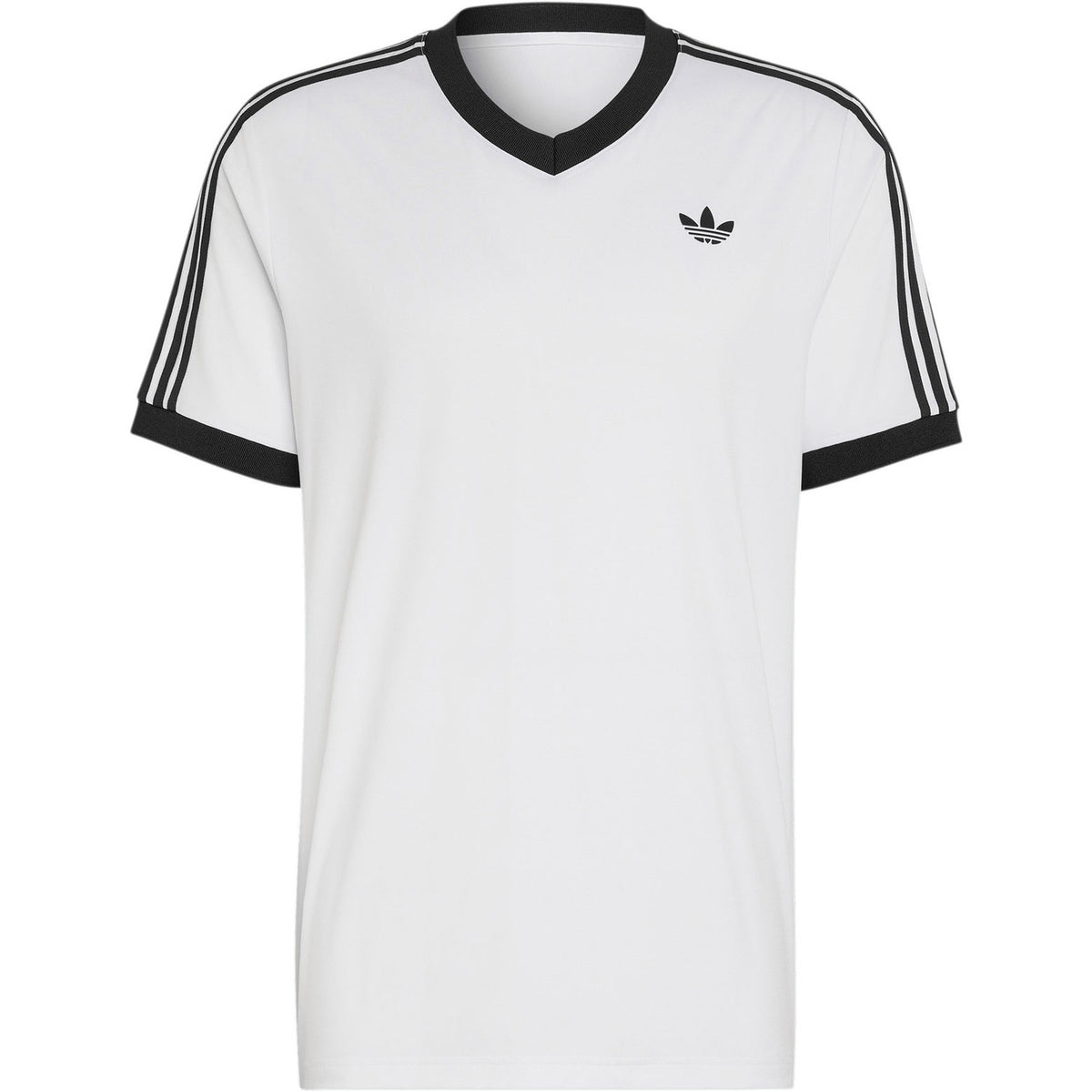 Wit Adidas Classics T-shirt met zwarte V-hals en strepen, plat vooraanzicht