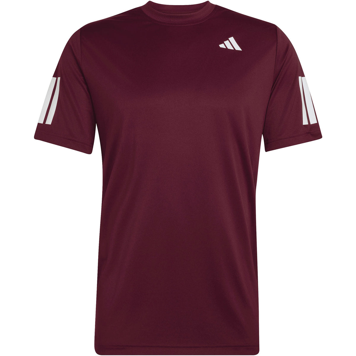 Bordeauxrood Adidas Club T-shirt met witte 3-Stripes, plat vooraanzicht