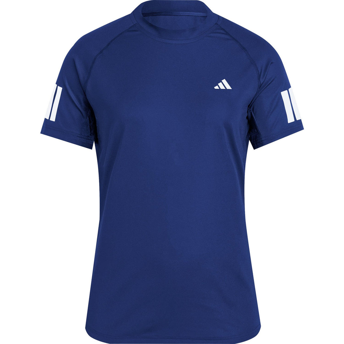 Vooraanzicht van het donkerblauwe Adidas Club T-shirt met witte strepen op de mouwen