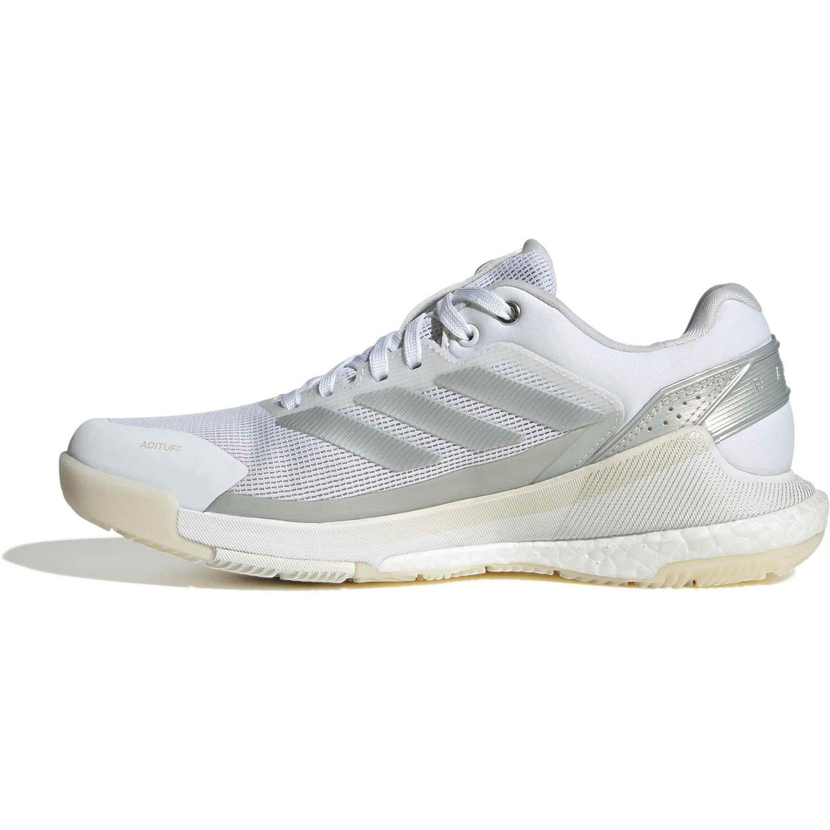 Binnenzijde van de witte Adidas Crazyquick Boost W met zilvergrijze strepen