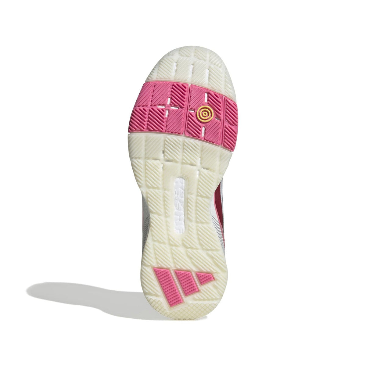 Cremekleurige zool van de Adidas Crazyquick Boost W met roze draaipunt