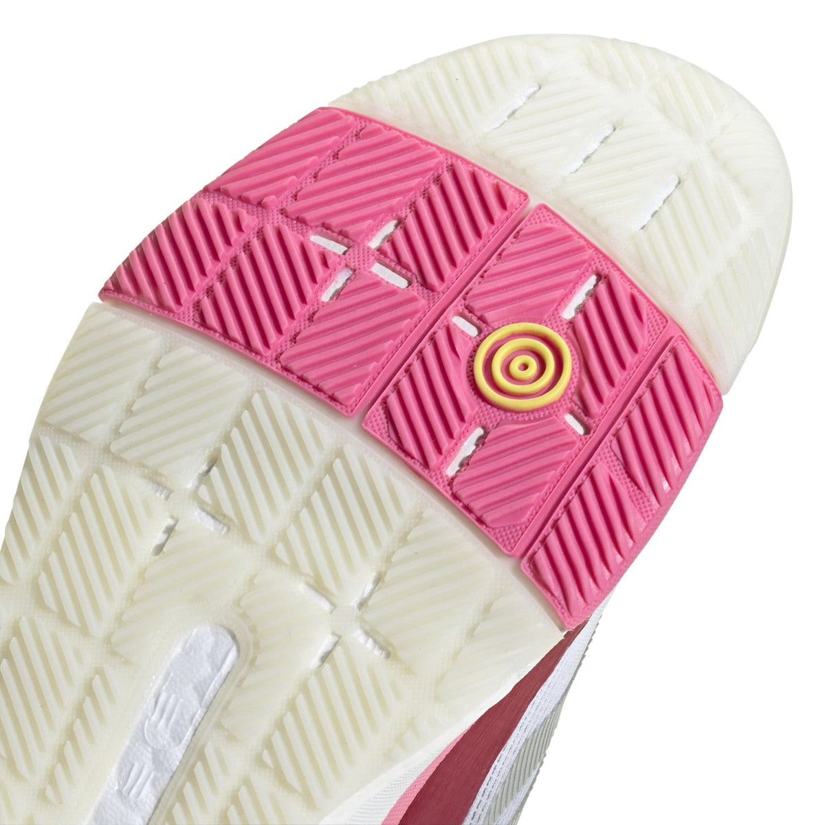 Close-up van het roze draaipunt in de zool van de Adidas Crazyquick Boost W