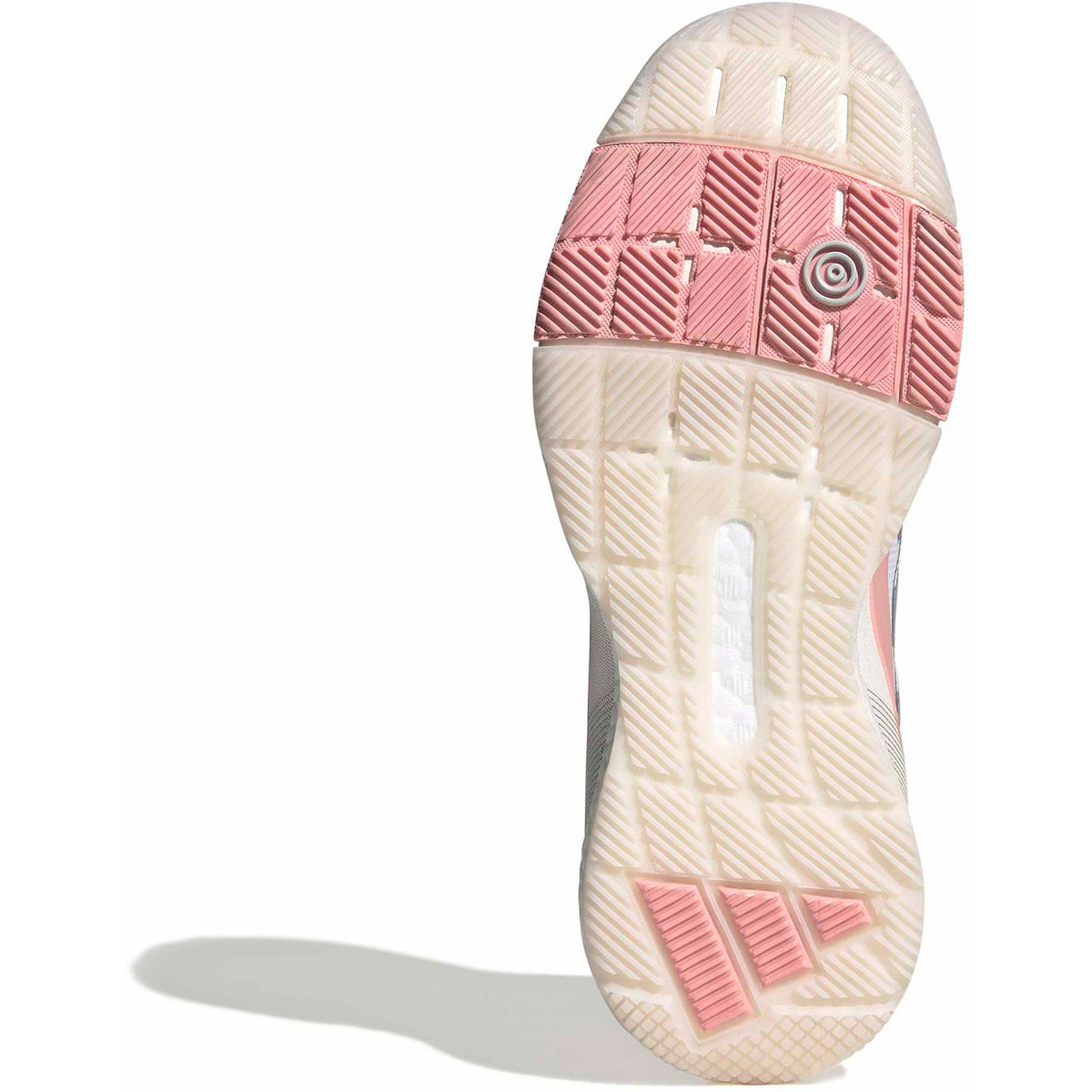 Cremekleurige zool van de Adidas Crazyquick Boost W met zalmroze vlakken