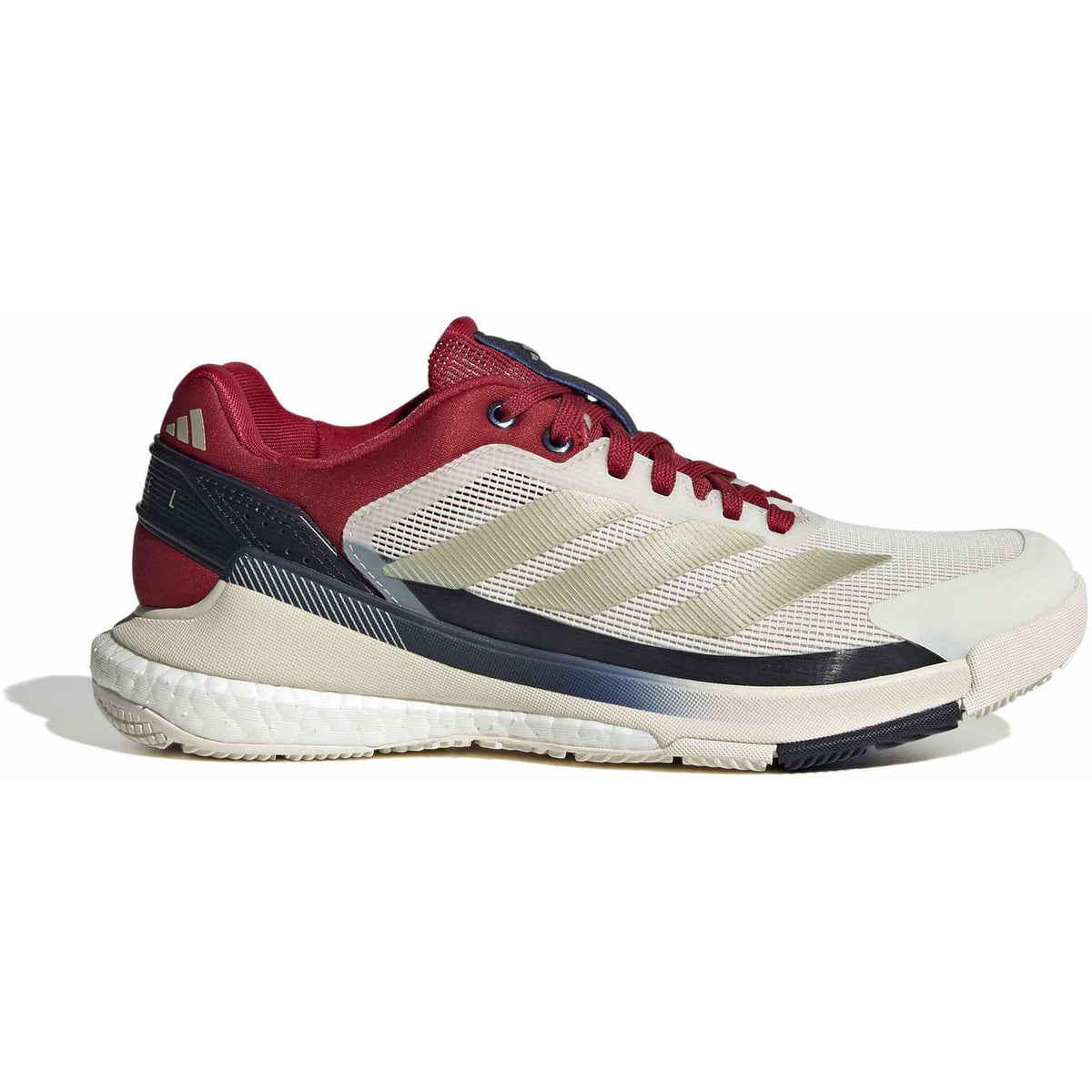 Adidas Crazyquick Boost W in creme met bordeauxrood en donkerblauw, zijaanzicht