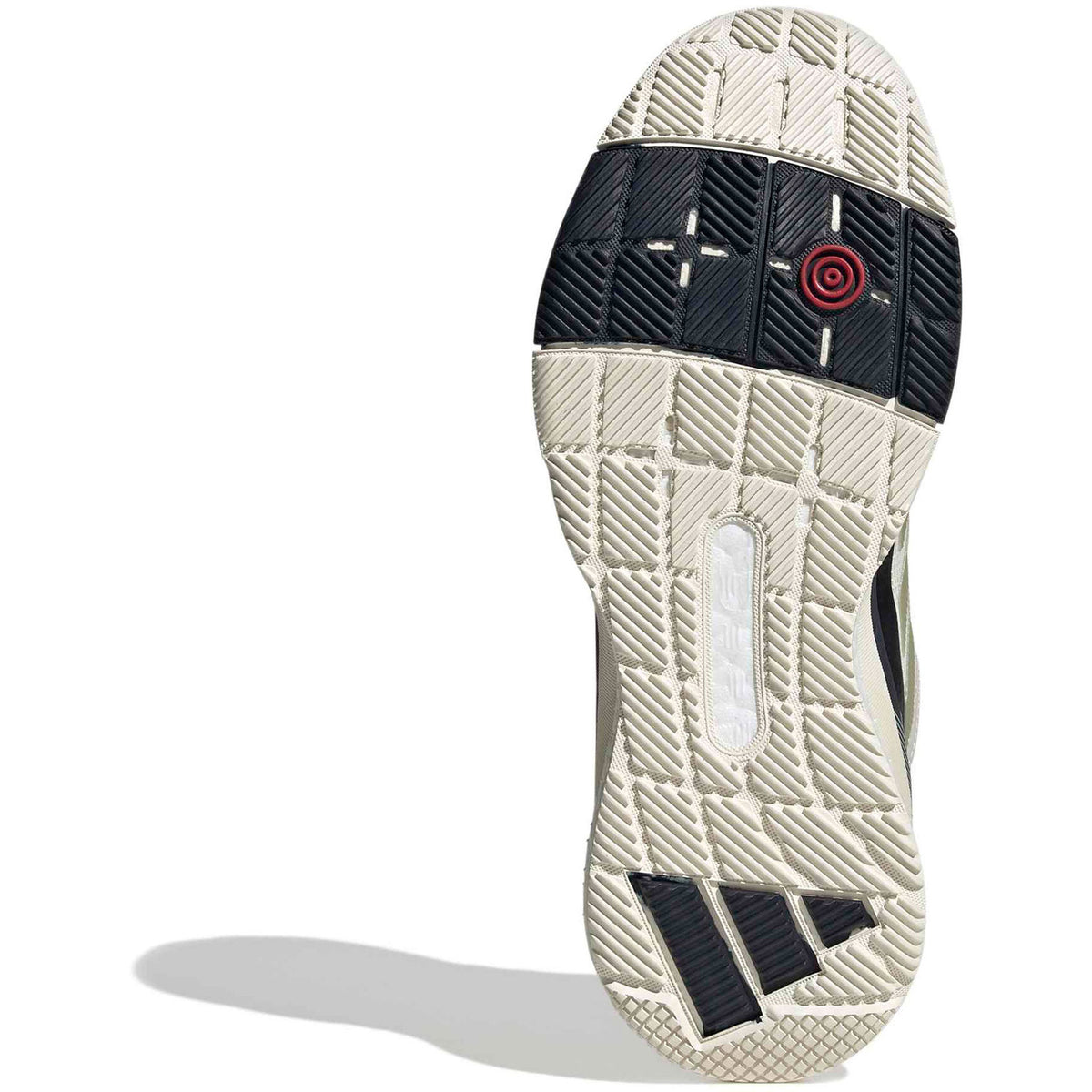 Cremekleurige zool van de Adidas Crazyquick Boost W met donkerblauw hielvlak