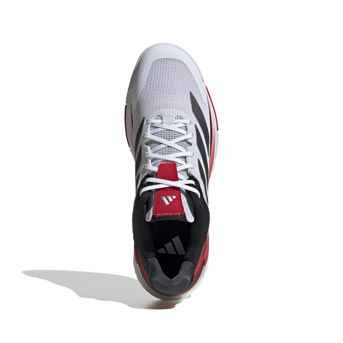 Bovenaanzicht van de witte Adidas Crazyquick Boost met zwarte tong en rode veters