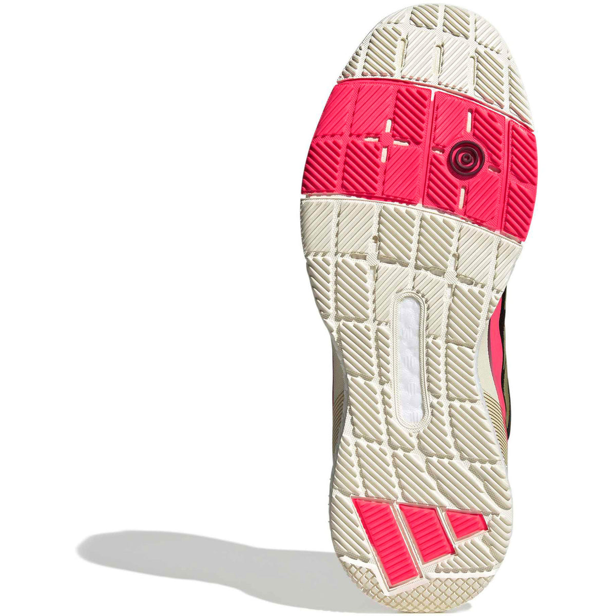 Cremekleurige zool van de Adidas Crazyquick Boost met roze draaipunt