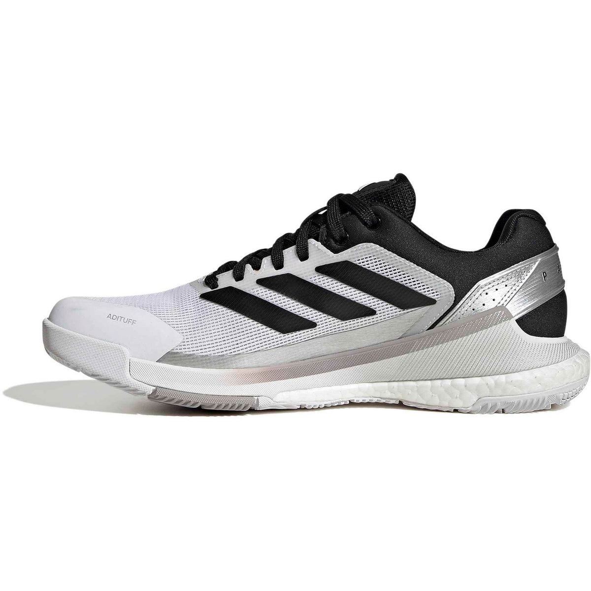Adidas Crazyquick Boost in wit met zwarte strepen en zilver, zijaanzicht