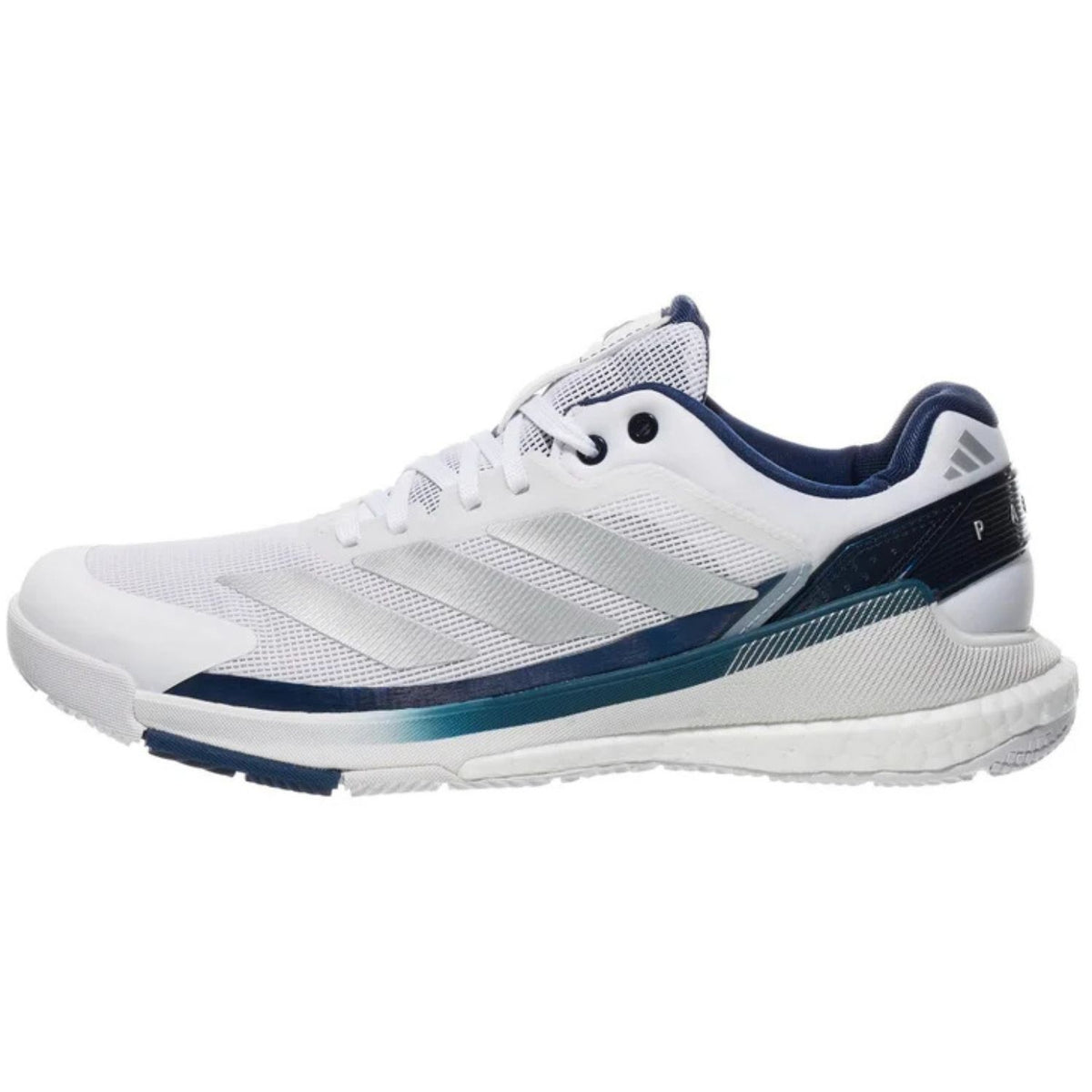 Binnenzijde van de witte Adidas Crazyquick Boost met donkerblauwe zoolrand