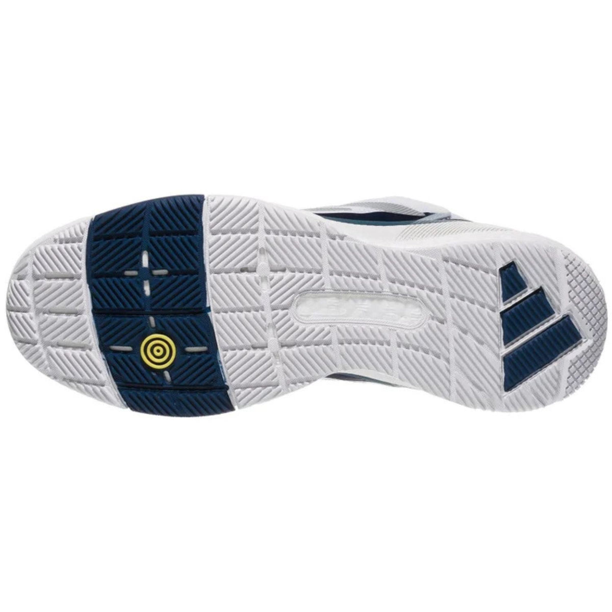 Witte zool van de Adidas Crazyquick Boost met donkerblauwe vlakken en draaipunt