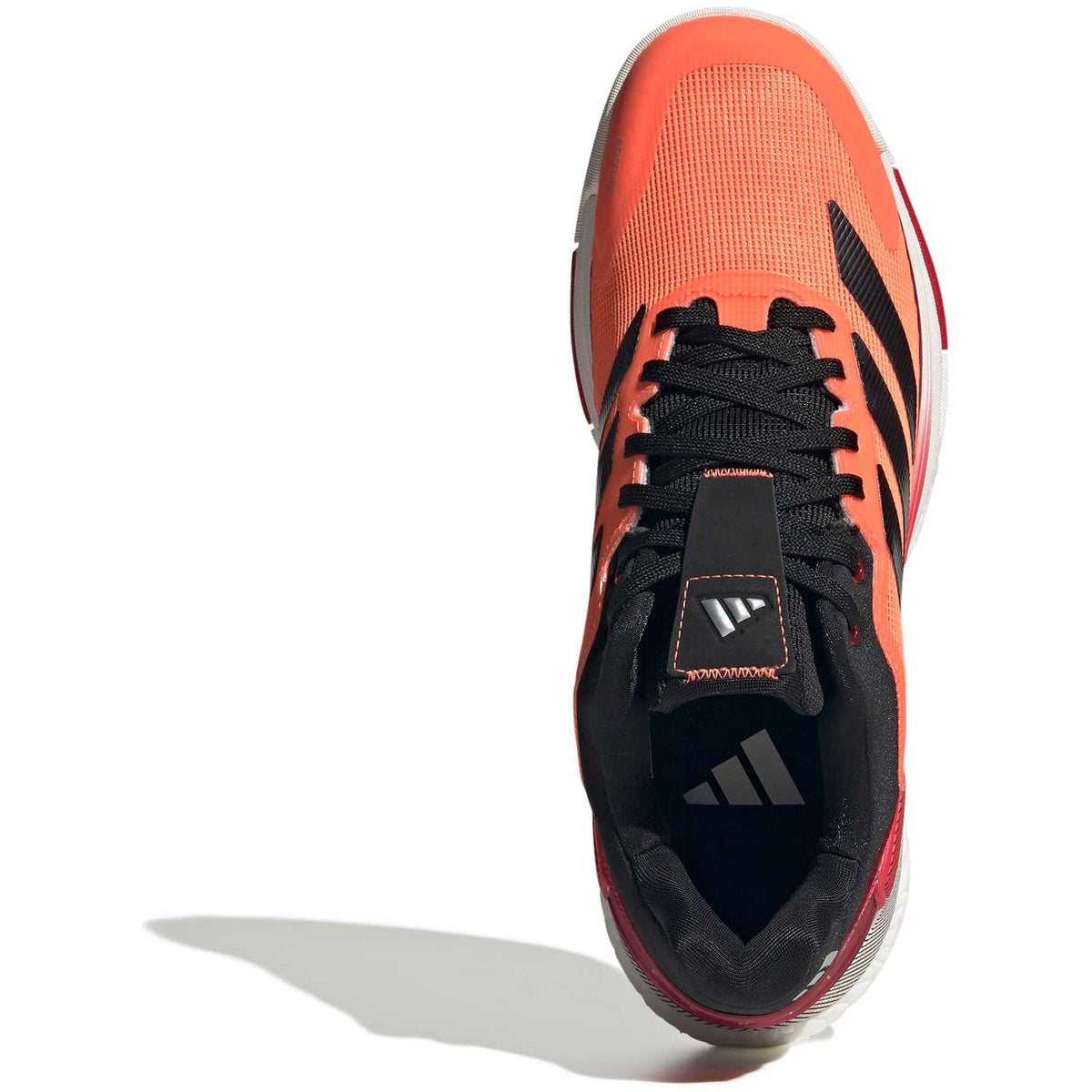 Bovenaanzicht van de oranje Adidas Crazyquick Boost met zwarte veters en tong