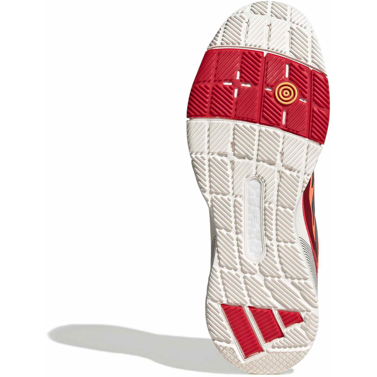 Cremekleurige zool van de Adidas Crazyquick Boost met rood draaipunt en profiel