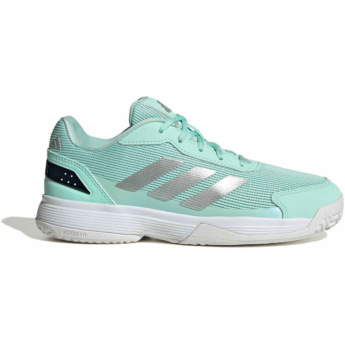 Adidas Crazyquick Junior padelschoen in mintgroen met zilveren strepen, zijaanzicht
