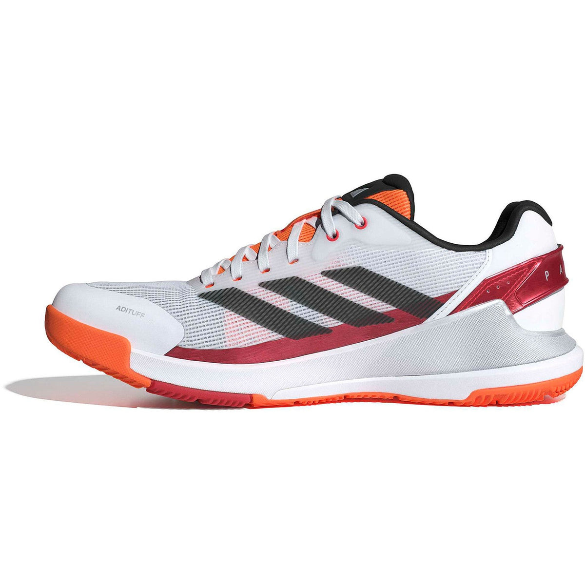 Adidas Crazyquick LS White/Orange - zijaanzicht van de buitenkant, wit bovenwerk met donkerrode band, feloranje teenbumper en oranje loopzool