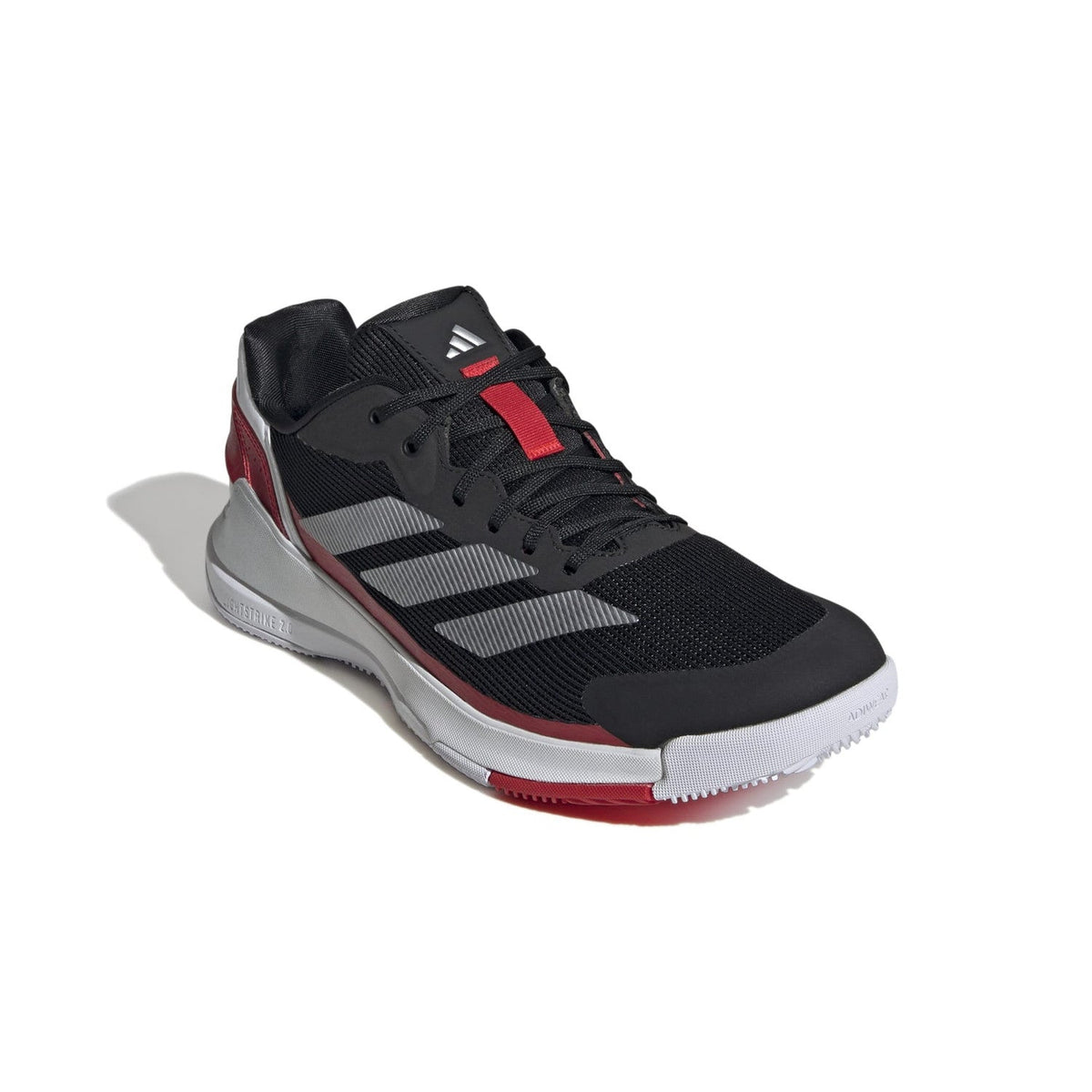 Adidas Crazyquick LS Black - schuin achteraanzicht, zwart bovenwerk met zilvermetallic 3-Stripes, witte tussenzool en rode accenten