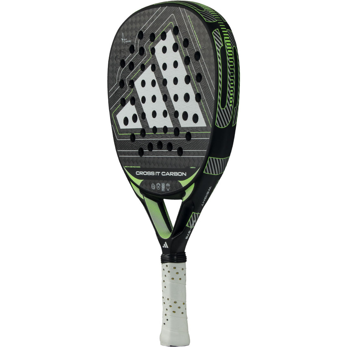 Adidas Cross It Carbon 3.5 padelracket licht gekanteld, zwart carbonblad met limegroene randlijnen
