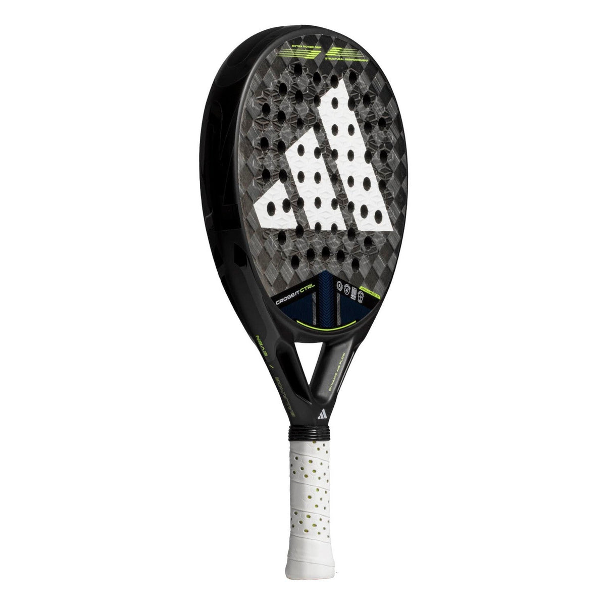 Adidas Cross It Ctrl 3.4 padelracket schuin vooraanzicht, rondvorm in zwart met grijs ruitpatroon