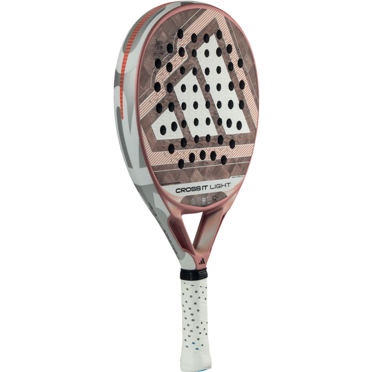 Adidas Cross It Light 3.5 Padelschläger, schräge Vorderansicht, tropfenförmig in Roségold und Grau