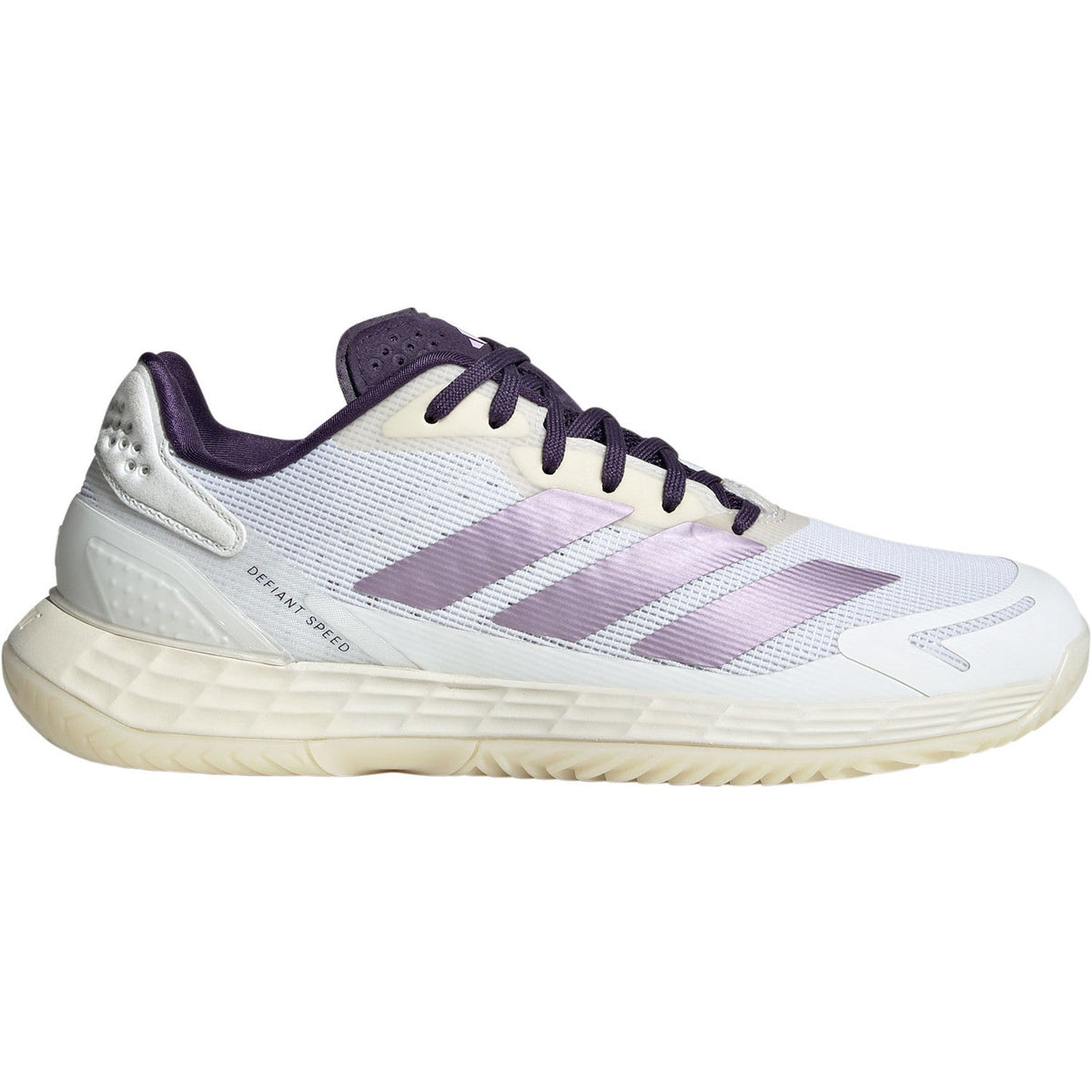 Adidas Defiant Speed 2 W in bianco con strisce lilla e lacci viola scuro, vista laterale esterna