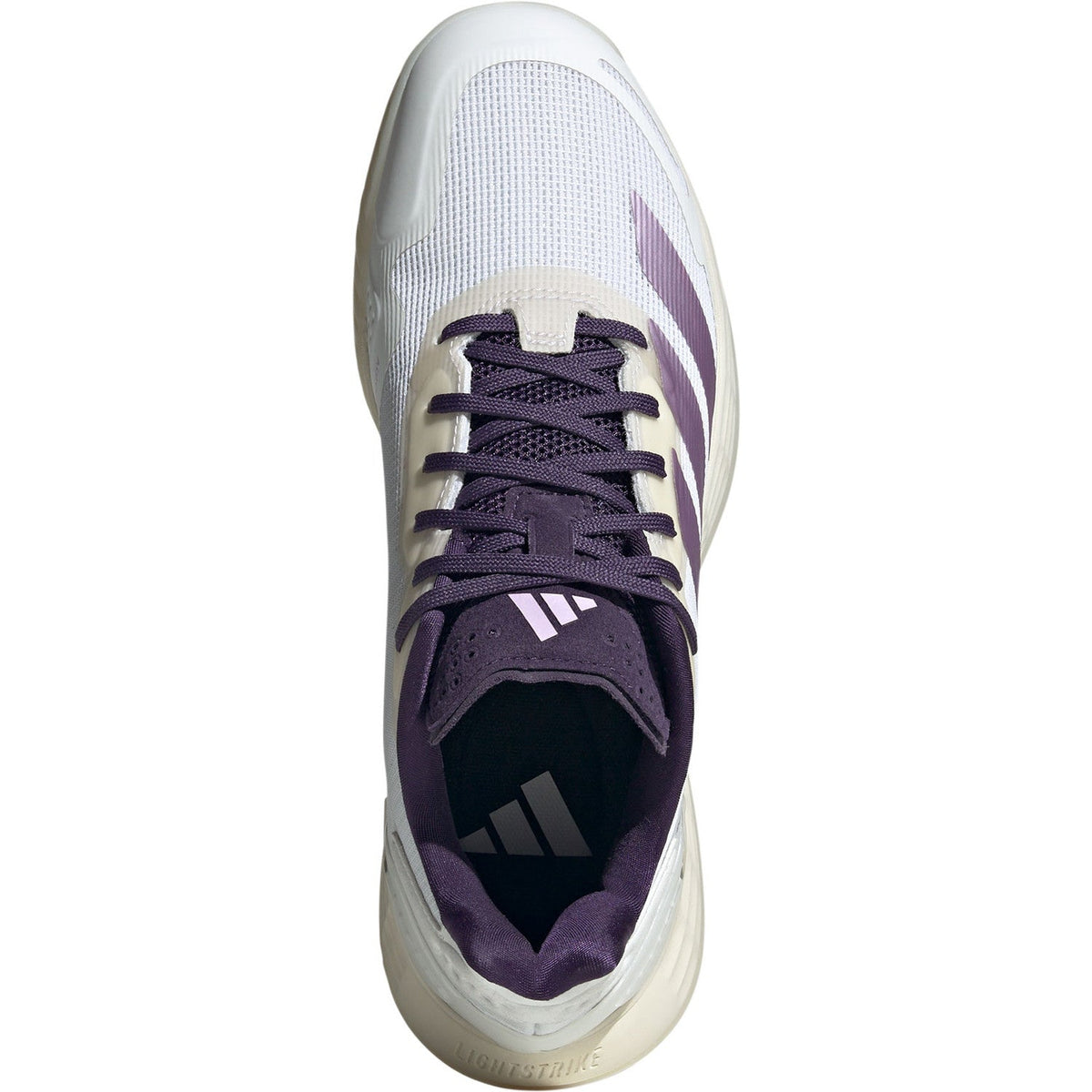 Draufsicht auf den Adidas Defiant Speed 2 W mit dunkelvioletten Schnürsenkeln und Lightstrike-Zwischensohle
