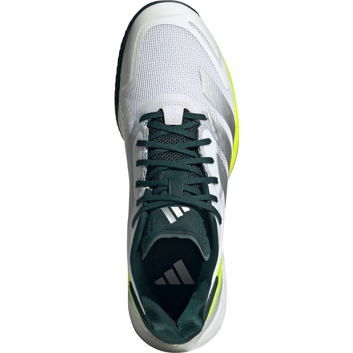 Vista superior de las Adidas Defiant Speed M blancas con cordones y lengüeta de color verde oscuro