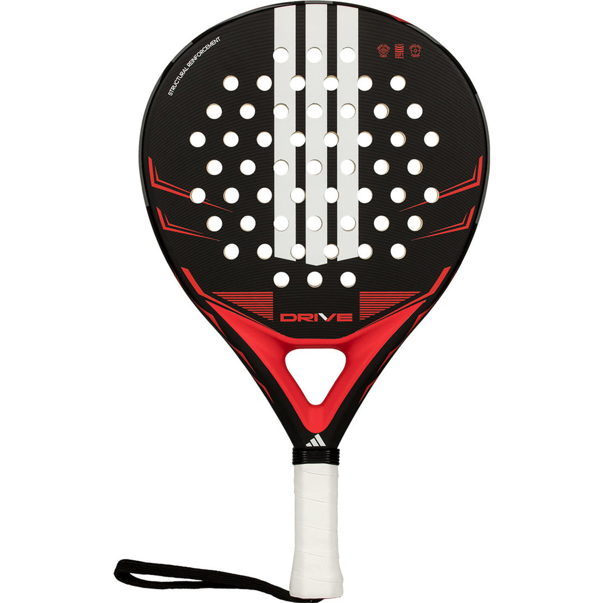 Adidas Drive 3.5 2026 padelracket in zwart met rood, vooraanzicht met polsband