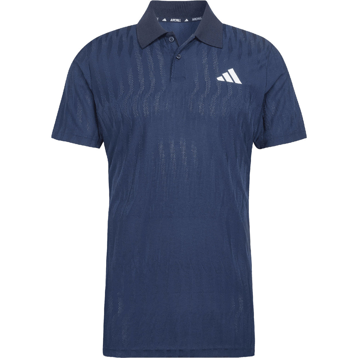 Adidas Freelift polo voor heren in donkerblauw, plat vooraanzicht met logo