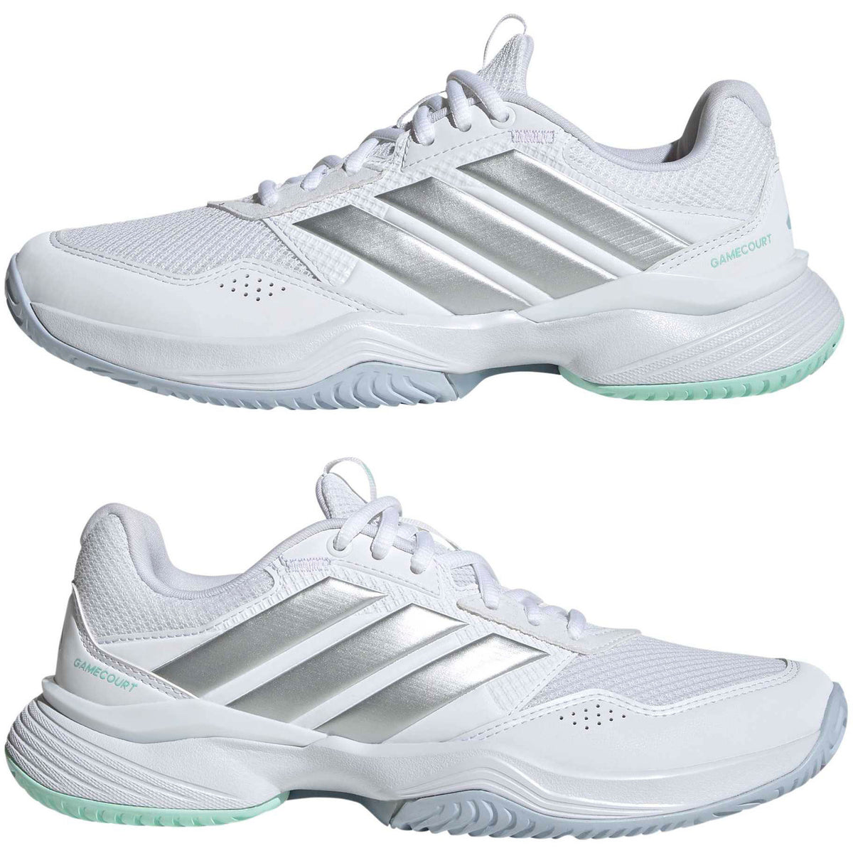 Paar witte Adidas Gamecourt 3 W damespadelschoenen met zilveren strepen