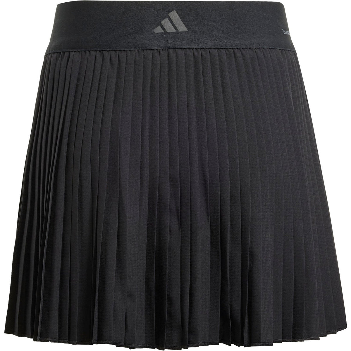 Achteraanzicht van de zwarte Adidas Girls Club plooirok met logo op de tailleband