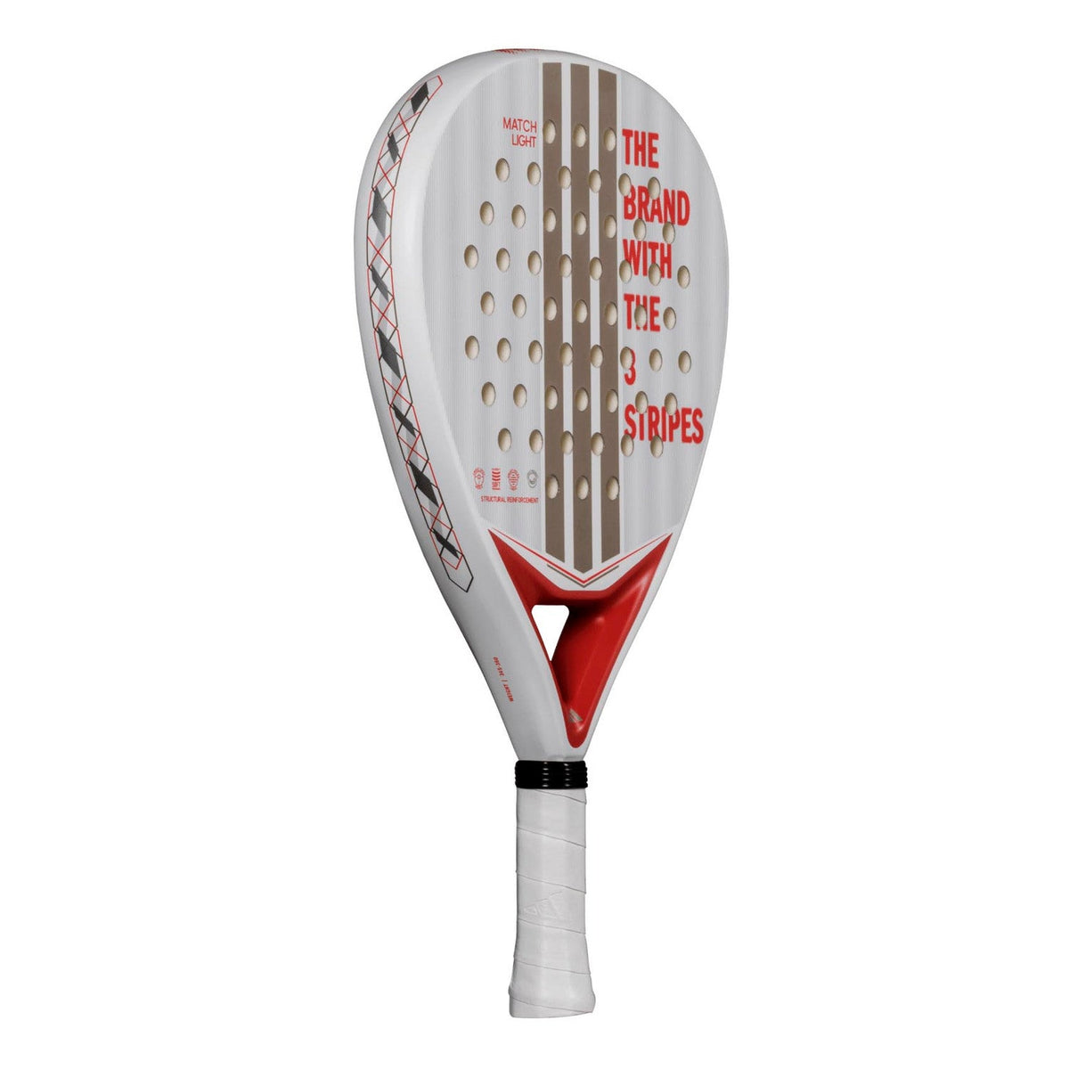 Adidas Match Light 3.4 padelracket schuin vooraanzicht, druppelvorm in wit met rood